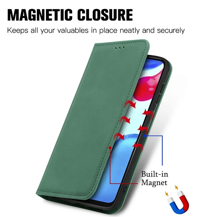 Pour Xiaomi Redmi Note 11S 4G 2022 (Mediatek Helio G96) Skin-Touch Feeling PU Leather Retro Case Card Slots Magnetic Absorption Stand Flip Cover - Vert