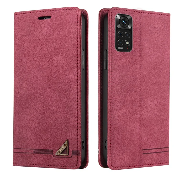 Gq. Utrobe 008 Série Skin-toucha Sentir Caso de Couro Para Xiaomi Redmi Nota 11 4G (Qualcomm), RFID Proteção de Bloqueio Flip Stand Stand Phone Tampa - Vinho Vermelho