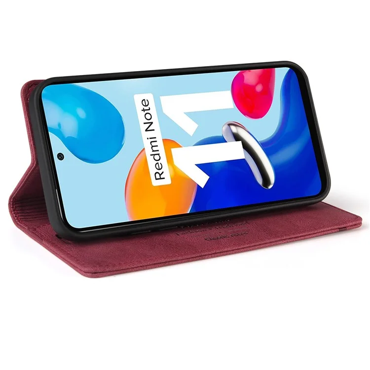 Gq. Utrobe 008 Série Skin-toucha Sentir Caso de Couro Para Xiaomi Redmi Nota 11 4G (Qualcomm), RFID Proteção de Bloqueio Flip Stand Stand Phone Tampa - Vinho Vermelho
