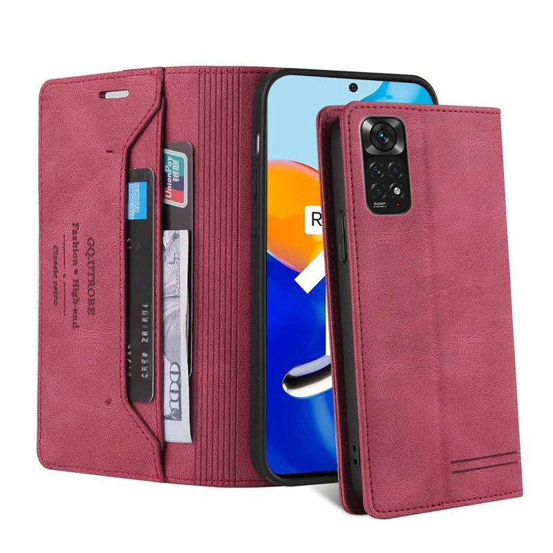 Gq. Utrobe 008 Série Skin-toucha Sentir Caso de Couro Para Xiaomi Redmi Nota 11 4G (Qualcomm), RFID Proteção de Bloqueio Flip Stand Stand Phone Tampa - Vinho Vermelho