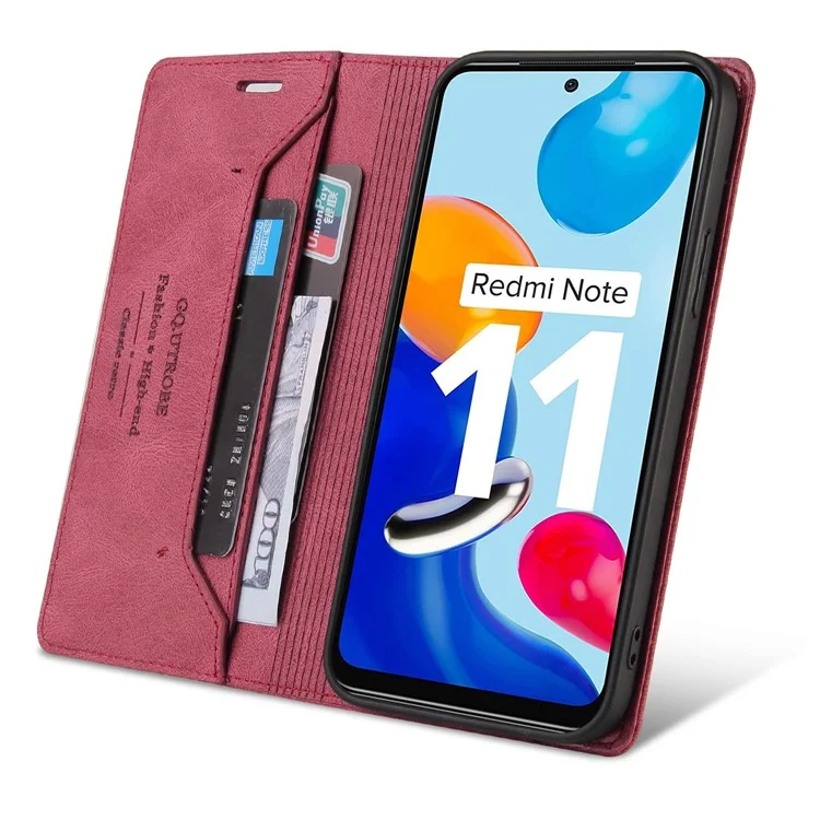 Gq. Utrobe 008 Série Skin-toucha Sentir Caso de Couro Para Xiaomi Redmi Nota 11 4G (Qualcomm), RFID Proteção de Bloqueio Flip Stand Stand Phone Tampa - Vinho Vermelho