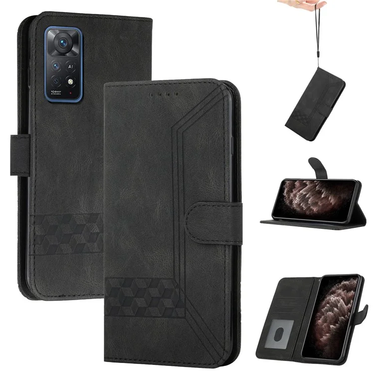 Чехол-книжка YX0010 Series для Xiaomi Redmi Note 11 Pro 4G (MediaTek) / Redmi Note 11 Pro 5G (Qualcomm), из искусственной кожи с тиснением ромбов и линий, с подставкой и ремешком - черный