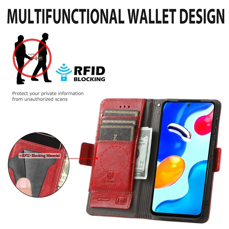 For Xiaomi Redmi Note 11S 4G 2022(Mediatek Helio G96) Phone Cases CASENEO PU Leather Cover Stand with RFID Blocking Wallet - Red