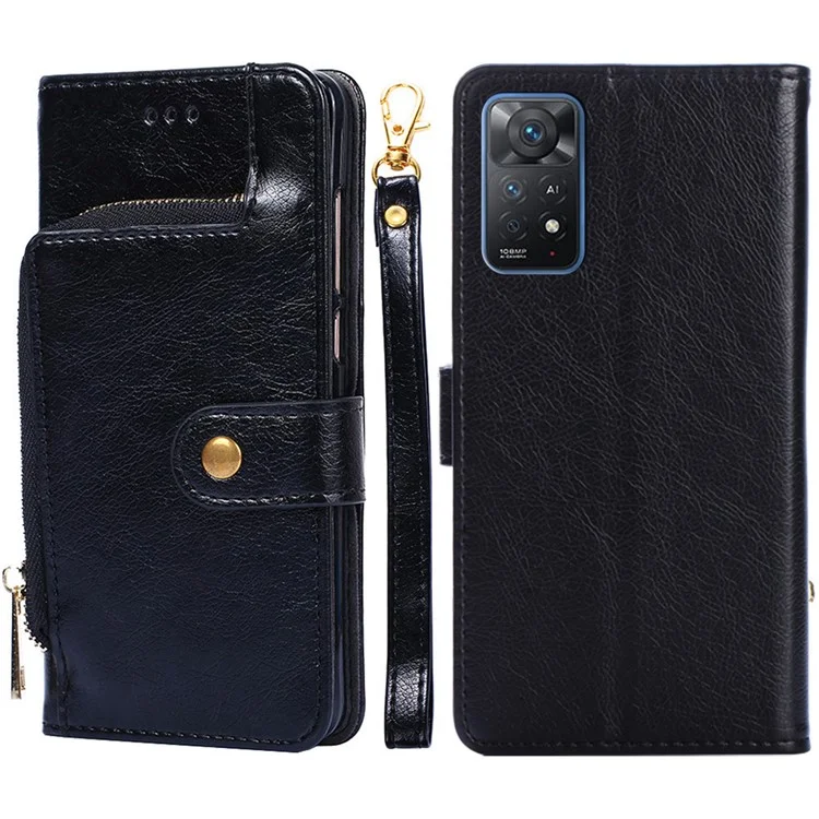 Per Xiaomi Redmi Note 12 Pro 4G / 11 Pro 4G (MediaTek) / Note 11 Pro 5G (Qualcomm) Custodia portafoglio in pelle PU con chiusura magnetica, tasca con zip e supporto anti-caduta - Nero