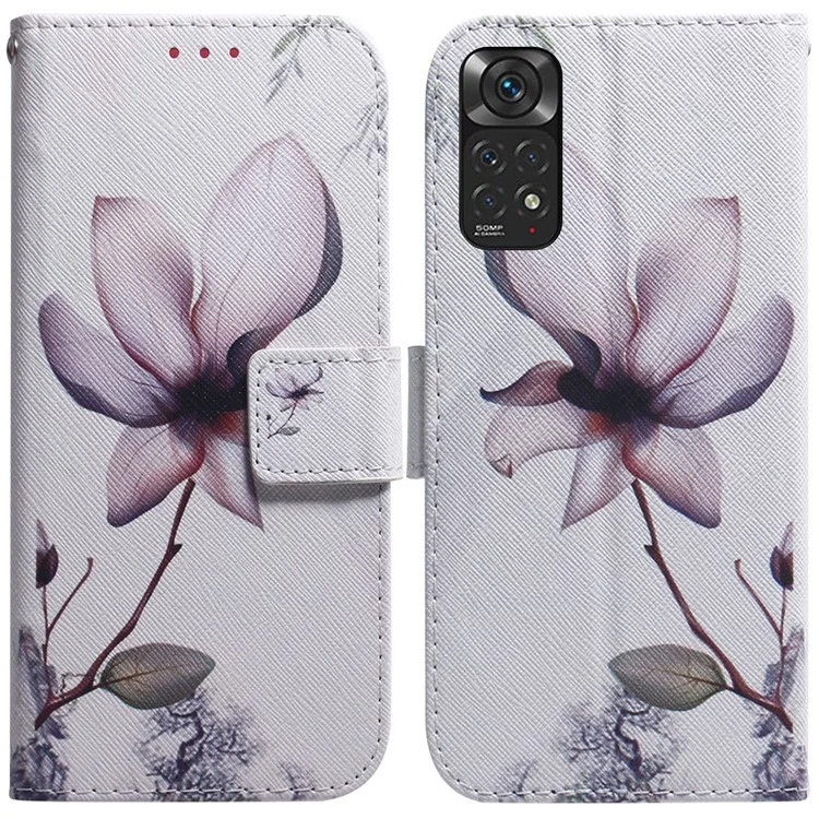 Pour Xiaomi Redmi Note 11S 4G / Redmi Note 11 4G (Qualcomm) étui de téléphone portefeuille Impression de motifs Couverture à rabat en cuir PU avec fonction de support - Fleur rose