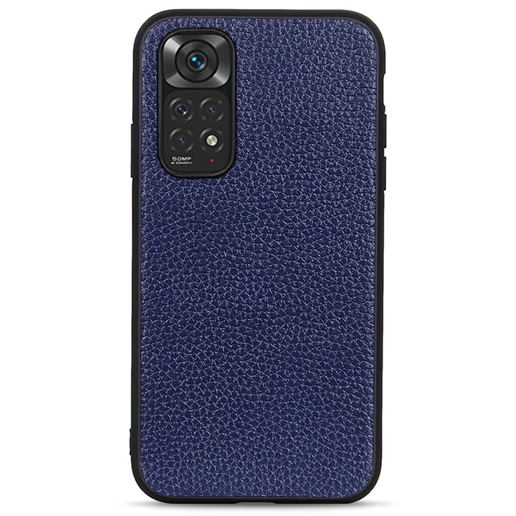 Litchi Texture Genuine Leather Back Shell for Xiaomi Redmi Note 11 4G (Qualcomm)/Note 11S 4G, Complete Covering Hybrid Case Phone Cover - Azul