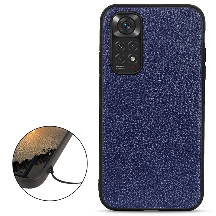 Litchi Texture Genuine Leather Back Shell for Xiaomi Redmi Note 11 4G (Qualcomm)/Note 11S 4G, Complete Covering Hybrid Case Phone Cover - Azul