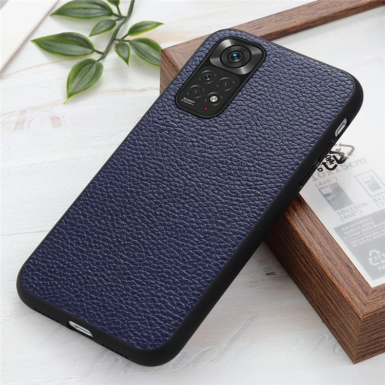 Litchi Texture Genuine Leather Back Shell for Xiaomi Redmi Note 11 4G (Qualcomm)/Note 11S 4G, Complete Covering Hybrid Case Phone Cover - Azul