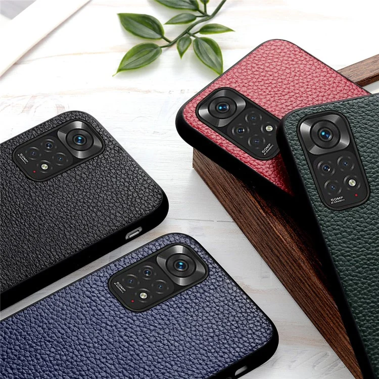Litchi Texture Genuine Leather Back Shell for Xiaomi Redmi Note 11 4G (Qualcomm)/Note 11S 4G, Complete Covering Hybrid Case Phone Cover - Azul