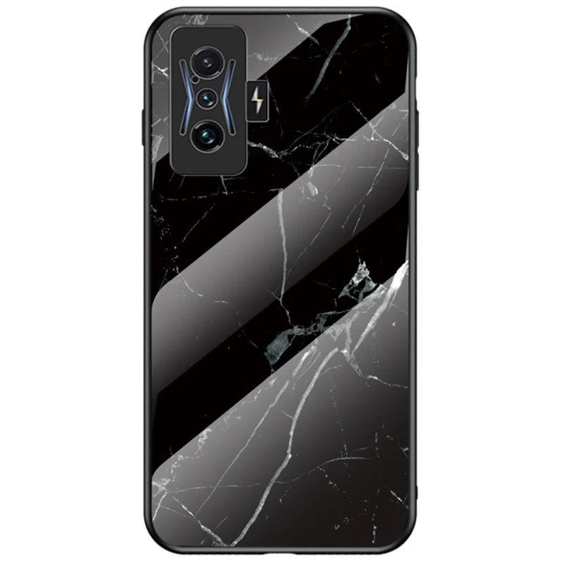 For Xiaomi Poco F4 GT/Redmi K50 Gaming Anti-Scratch Marble Pattern Case Tempered Glass + PC Back + TPU Frame Stylish Protective Cover - Black Marble