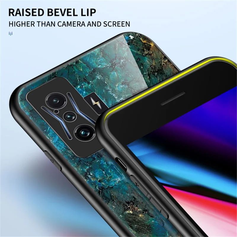 For Xiaomi Poco F4 GT/Redmi K50 Gaming Anti-Scratch Marble Pattern Case Tempered Glass + PC Back + TPU Frame Stylish Protective Cover - Black Marble