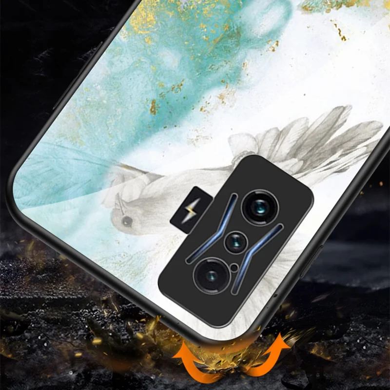 For Xiaomi Poco F4 GT/Redmi K50 Gaming Anti-Scratch Marble Pattern Case Tempered Glass + PC Back + TPU Frame Stylish Protective Cover - Black Marble
