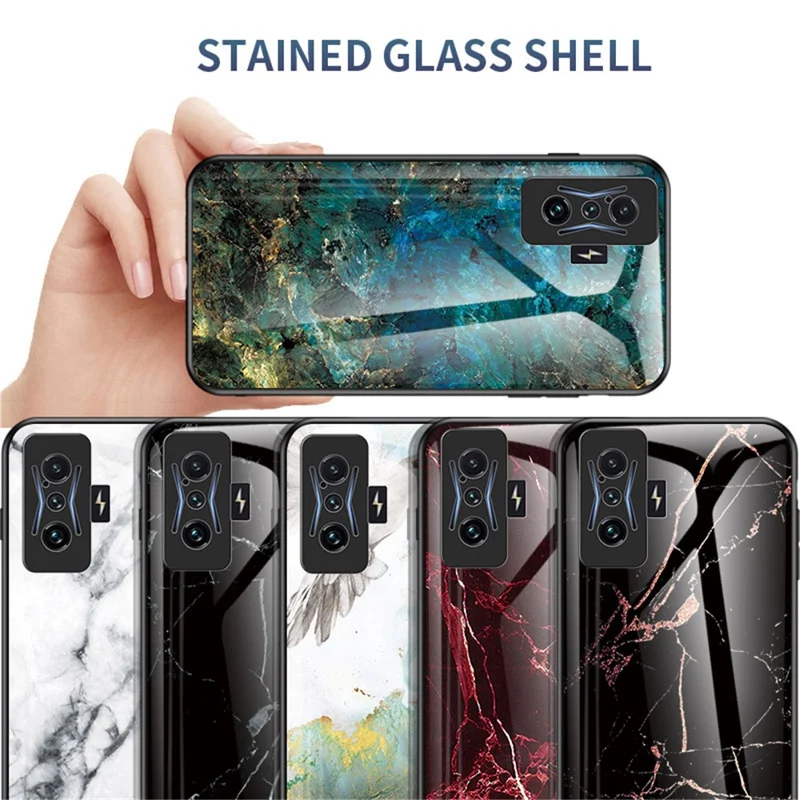 For Xiaomi Poco F4 GT/Redmi K50 Gaming Anti-Scratch Marble Pattern Case Tempered Glass + PC Back + TPU Frame Stylish Protective Cover - Black Marble