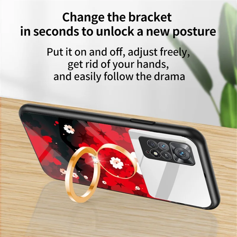 Magic Mirror Series for Xiaomi Redmi Note 11 Pro 5G (Qualcomm)/Note 11 Pro 4G (MediaTek) Flower Pattern Tempered Glass + PC + TPU Phone Case with Kickstand and Mirror - Sakura LOVE