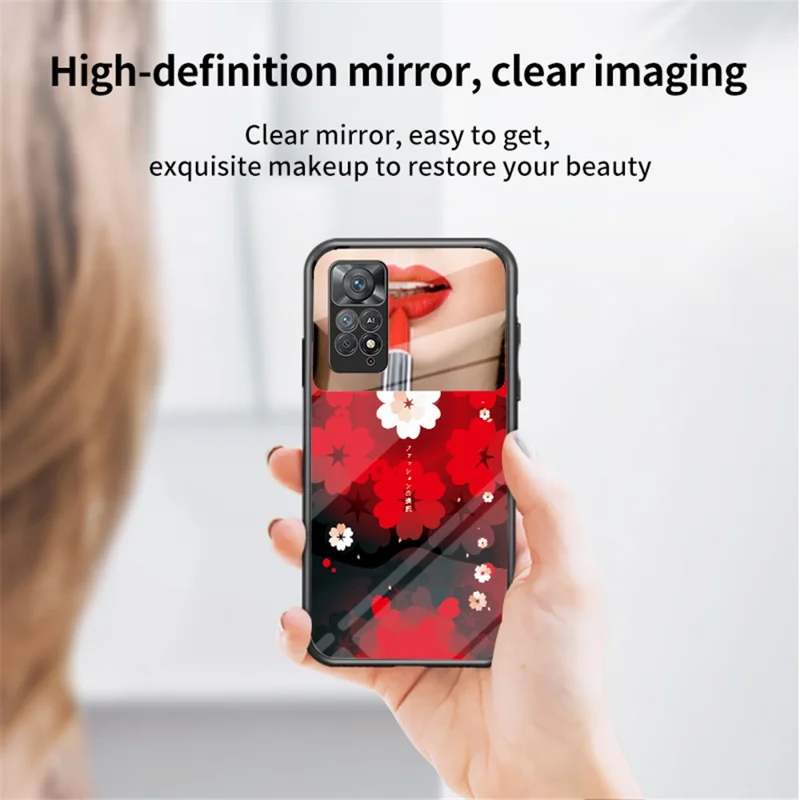 Magic Mirror Series for Xiaomi Redmi Note 11 Pro 5G (Qualcomm)/Note 11 Pro 4G (MediaTek) Flower Pattern Tempered Glass + PC + TPU Phone Case with Kickstand and Mirror - Sakura LOVE
