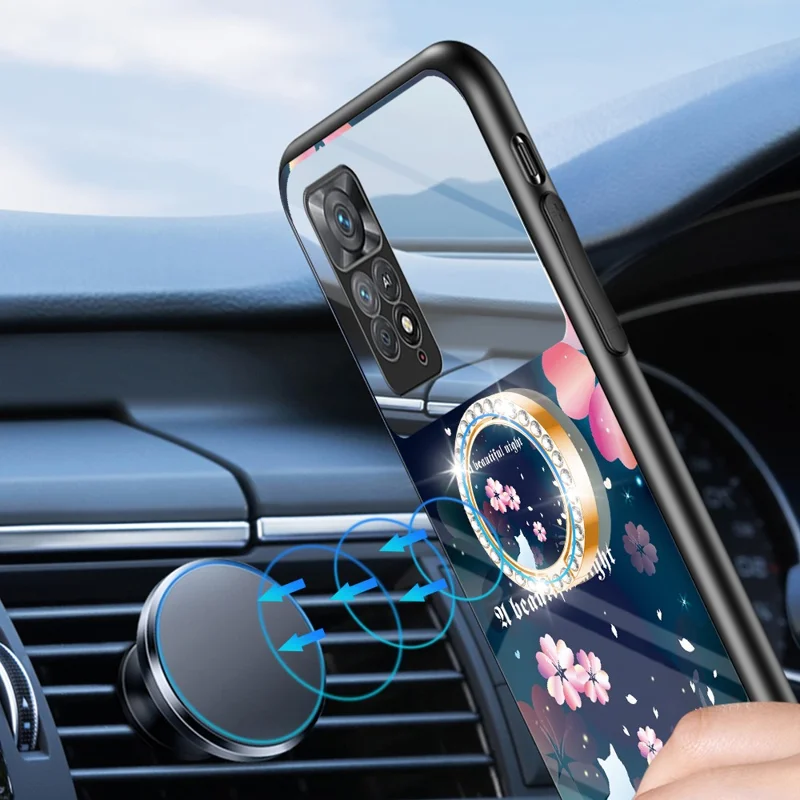 Magic Mirror Series for Xiaomi Redmi Note 11 Pro 5G (Qualcomm)/Note 11 Pro 4G (MediaTek) Flower Pattern Tempered Glass + PC + TPU Phone Case with Kickstand and Mirror - Sakura LOVE