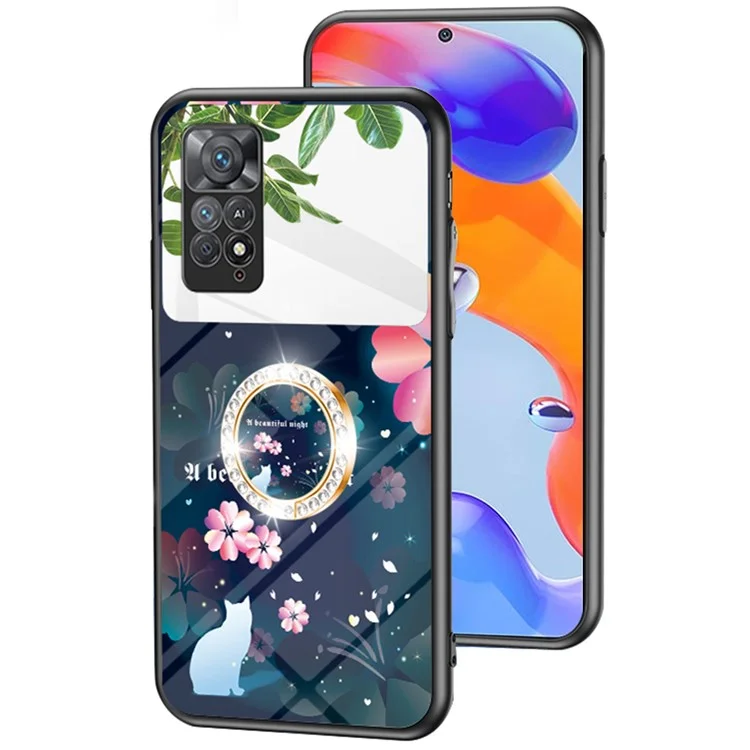 Magic Mirror Series for Xiaomi Redmi Note 11 Pro 5G (Qualcomm)/Note 11 Pro 4G (MediaTek) Flower Pattern Tempered Glass + PC + TPU Phone Case with Kickstand and Mirror - Sakura Cat