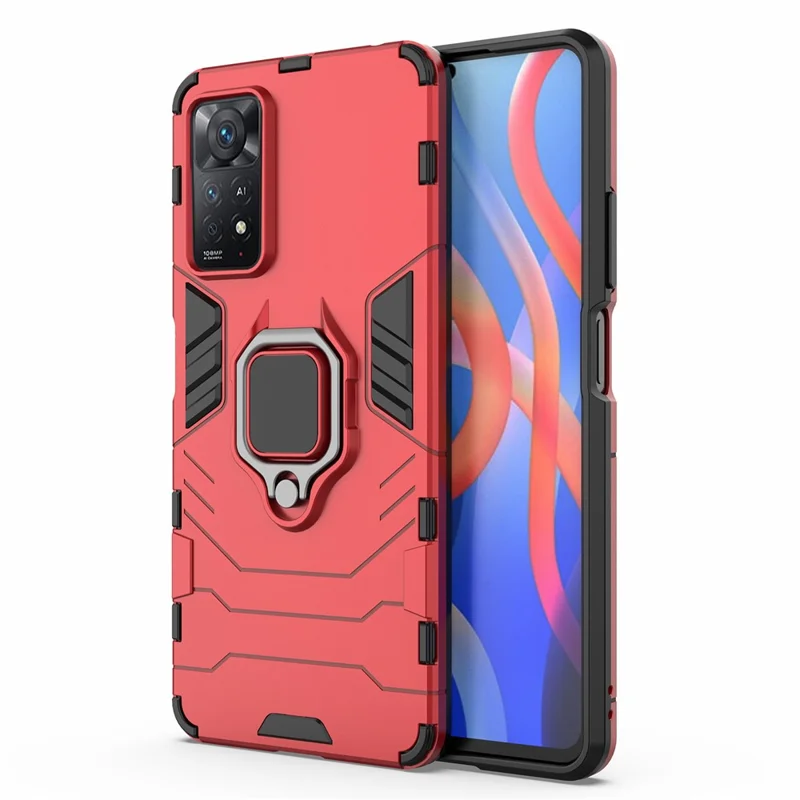Для Xiaomi Redmi Note 12 Pro 4G / 11 Pro 4G (MediaTek) / Note 11 Pro 5G (Qualcomm) Задняя крышка с кольцом, подставкой, мягким TPU и жестким PC, ударопрочный защитный чехол - красный