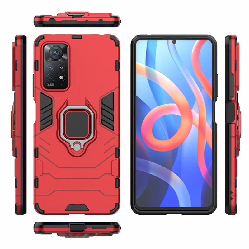 Для Xiaomi Redmi Note 12 Pro 4G / 11 Pro 4G (MediaTek) / Note 11 Pro 5G (Qualcomm) Задняя крышка с кольцом, подставкой, мягким TPU и жестким PC, ударопрочный защитный чехол - красный
