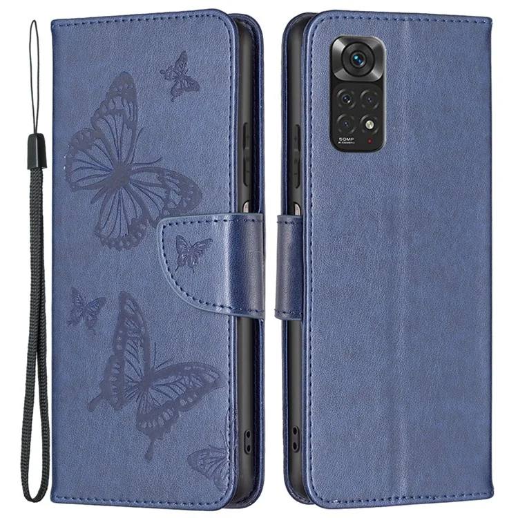 Para Xiaomi Redmi Note 11 4g (Qualcomm) Mariposa Impresa A Prueba De Golpes A Prueba De Golpes PU Cierre De Cartera De Cuero Cubierta Con Correa De Mano - Azul Oscuro