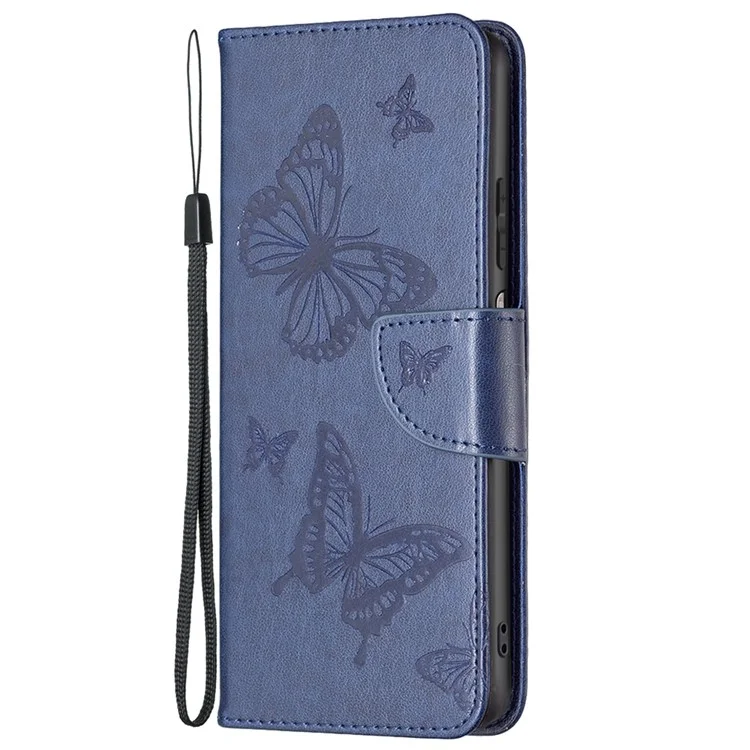 Para Xiaomi Redmi Note 11 4g (Qualcomm) Mariposa Impresa A Prueba De Golpes A Prueba De Golpes PU Cierre De Cartera De Cuero Cubierta Con Correa De Mano - Azul Oscuro