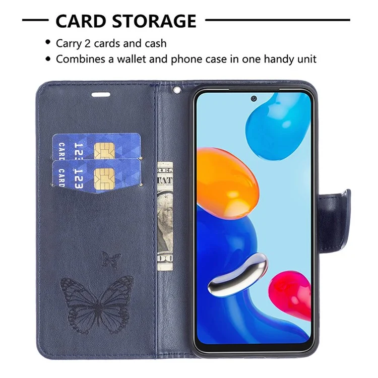 Para Xiaomi Redmi Note 11 4g (Qualcomm) Mariposa Impresa A Prueba De Golpes A Prueba De Golpes PU Cierre De Cartera De Cuero Cubierta Con Correa De Mano - Azul Oscuro