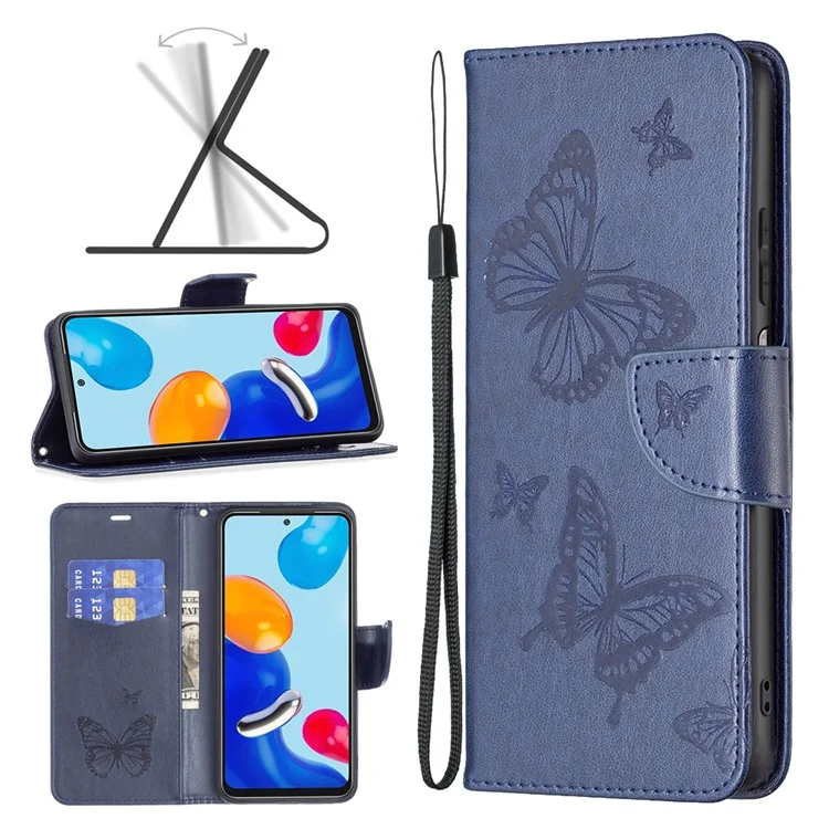 Para Xiaomi Redmi Note 11 4g (Qualcomm) Mariposa Impresa A Prueba De Golpes A Prueba De Golpes PU Cierre De Cartera De Cuero Cubierta Con Correa De Mano - Azul Oscuro