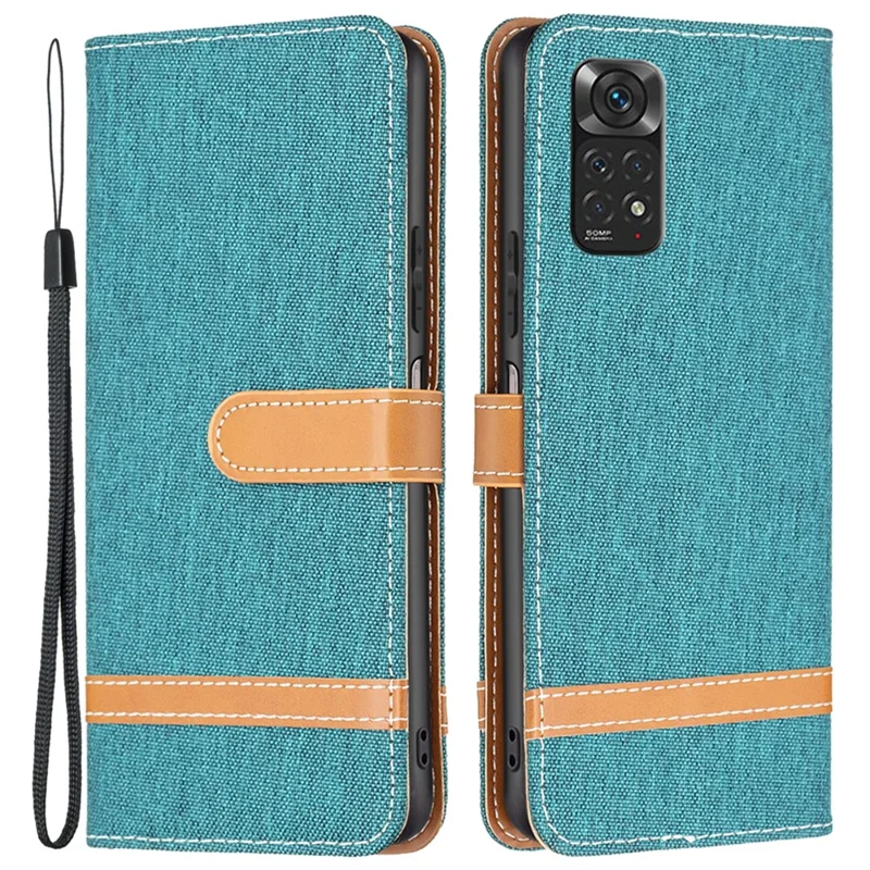 For Xiaomi Redmi Note 11 4G (Qualcomm) Jeans Cloth Texture Color Splicing Leather Cover Wallet Stand Flip Phone Case - Green