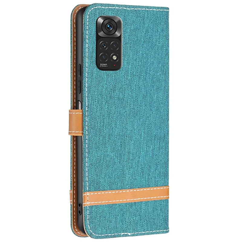 For Xiaomi Redmi Note 11 4G (Qualcomm) Jeans Cloth Texture Color Splicing Leather Cover Wallet Stand Flip Phone Case - Green