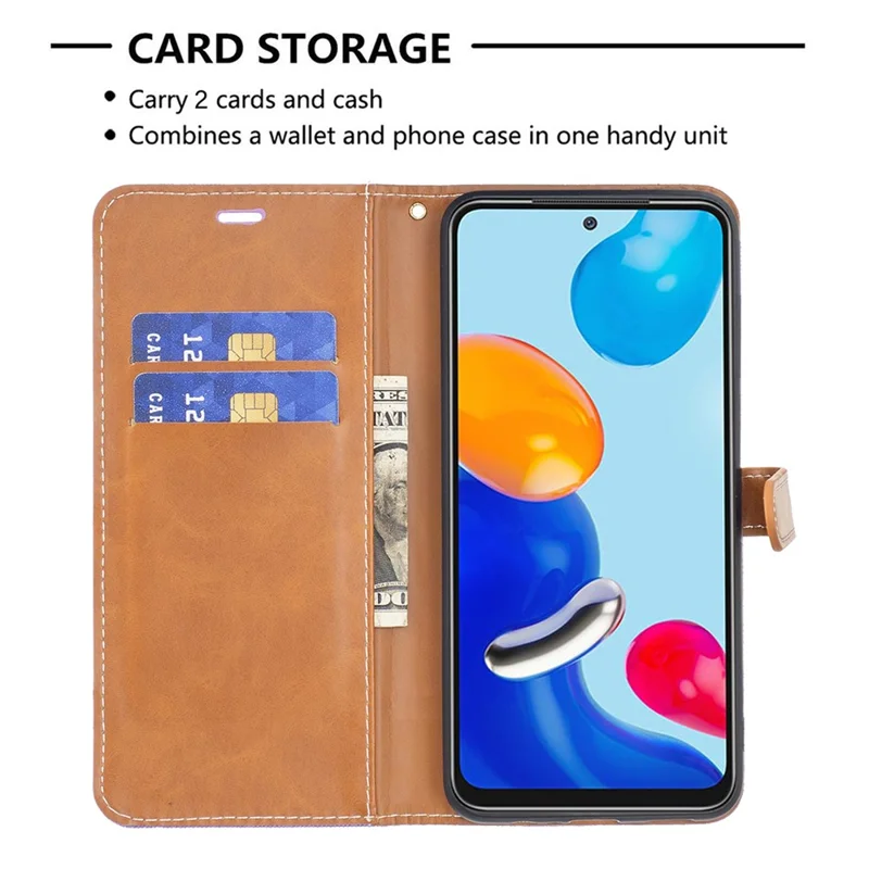 For Xiaomi Redmi Note 11 4G (Qualcomm) Jeans Cloth Texture Color Splicing Leather Cover Wallet Stand Flip Phone Case - Green