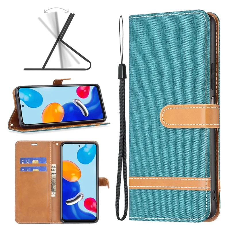 For Xiaomi Redmi Note 11 4G (Qualcomm) Jeans Cloth Texture Color Splicing Leather Cover Wallet Stand Flip Phone Case - Green