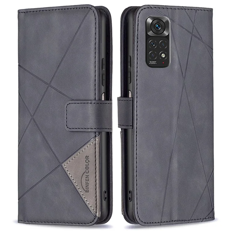 BINFEN COLOR For Xiaomi Redmi Note 11 4G (Qualcomm) Phone Cases Wallet Stand Geometry Imprinted Leather Cover - Black