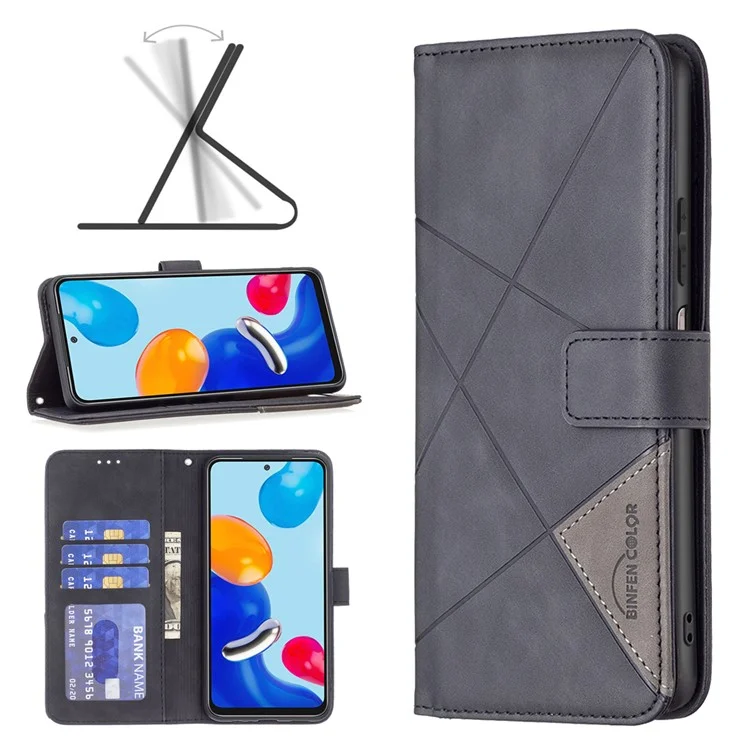 BINFEN COLOR For Xiaomi Redmi Note 11 4G (Qualcomm) Phone Cases Wallet Stand Geometry Imprinted Leather Cover - Black