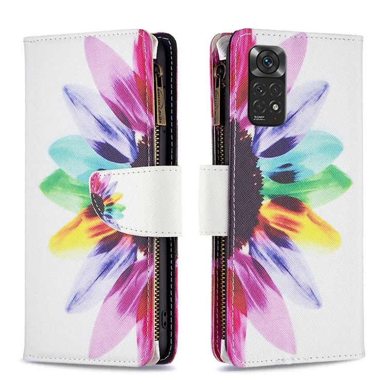 BF03 Zipper Wallet Flip Folio Case für Xiaomi Redmi Note 11 4G (Qualcomm), Musterbedrucktes PU-Leder-Ständer-Magnetverschluss mit Riemen - Sonnenblume