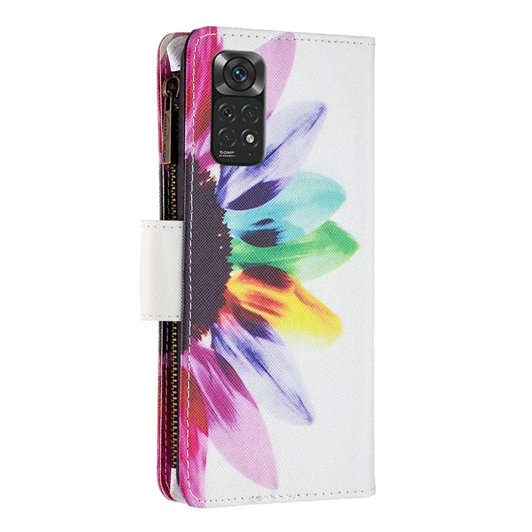 BF03 Zipper Wallet Flip Folio Case für Xiaomi Redmi Note 11 4G (Qualcomm), Musterbedrucktes PU-Leder-Ständer-Magnetverschluss mit Riemen - Sonnenblume