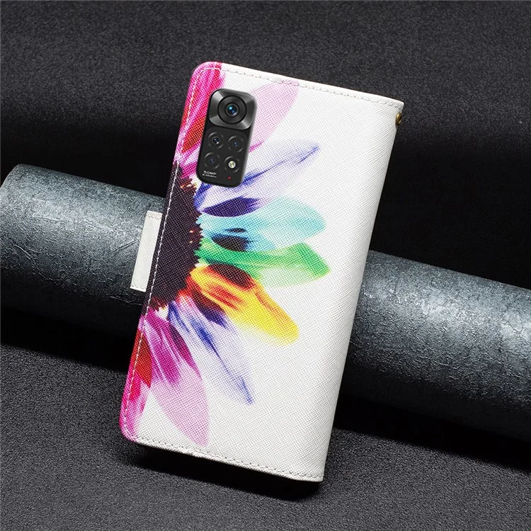 BF03 Zipper Wallet Flip Folio Case für Xiaomi Redmi Note 11 4G (Qualcomm), Musterbedrucktes PU-Leder-Ständer-Magnetverschluss mit Riemen - Sonnenblume