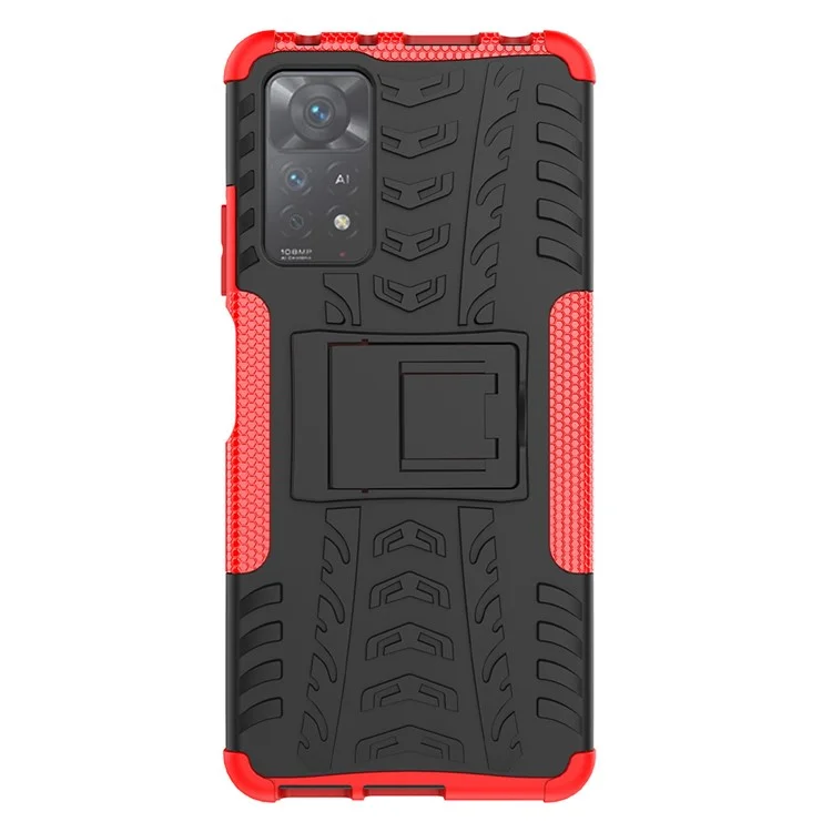 Para Xiaomi Redmi Note 11 Pro 4G (Mediatek) / Redmi Note 11 Pro 5G (Qualcomm) PC + TPU Patrón De Neumáticos Estuche De Teléfono Híbrido Anti-Scratch Anti-Slip PatheStand Cubierta - Rojo