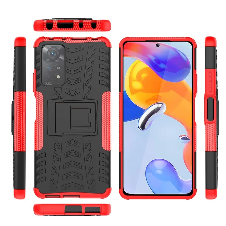 Para Xiaomi Redmi Note 11 Pro 4G (Mediatek) / Redmi Note 11 Pro 5G (Qualcomm) PC + TPU Patrón De Neumáticos Estuche De Teléfono Híbrido Anti-Scratch Anti-Slip PatheStand Cubierta - Rojo