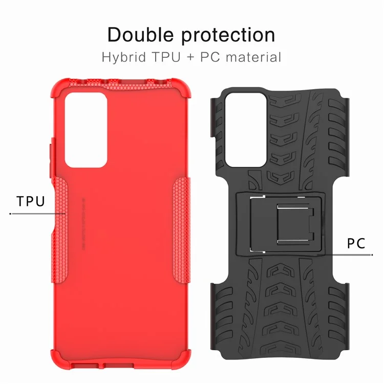 Para Xiaomi Redmi Note 11 Pro 4G (Mediatek) / Redmi Note 11 Pro 5G (Qualcomm) PC + TPU Patrón De Neumáticos Estuche De Teléfono Híbrido Anti-Scratch Anti-Slip PatheStand Cubierta - Rojo