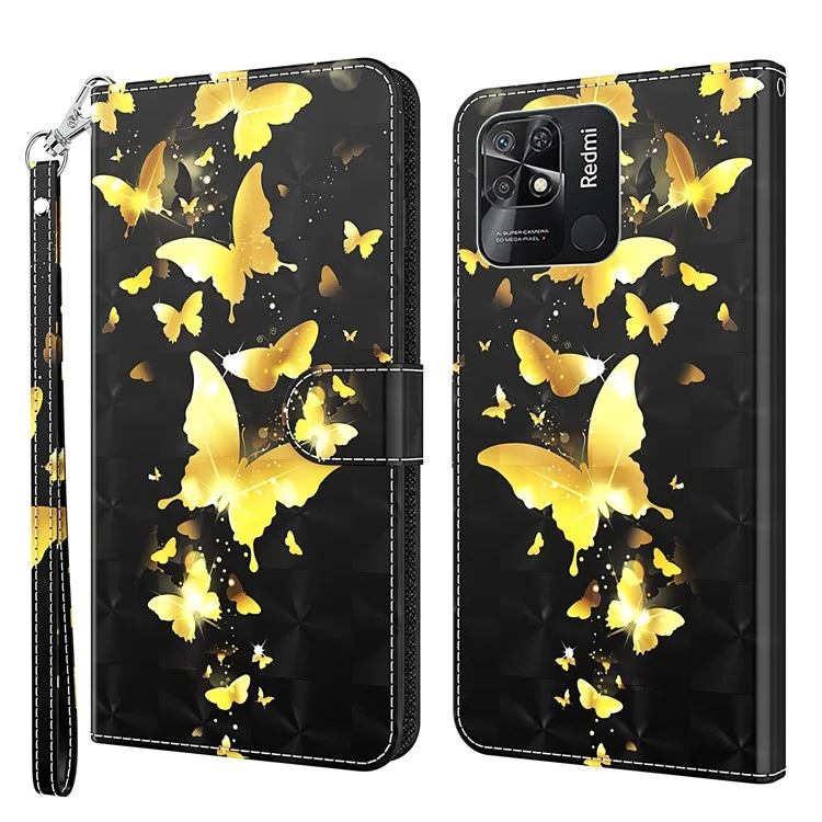Für Xiaomi Redmi 10C 4G PU-Leder-Folio-Cover-Ständer-Feature 3D-kreatives Musterdrucken Geldbörse-Flip-Case mit Handgelenkband - Golden Butterflies