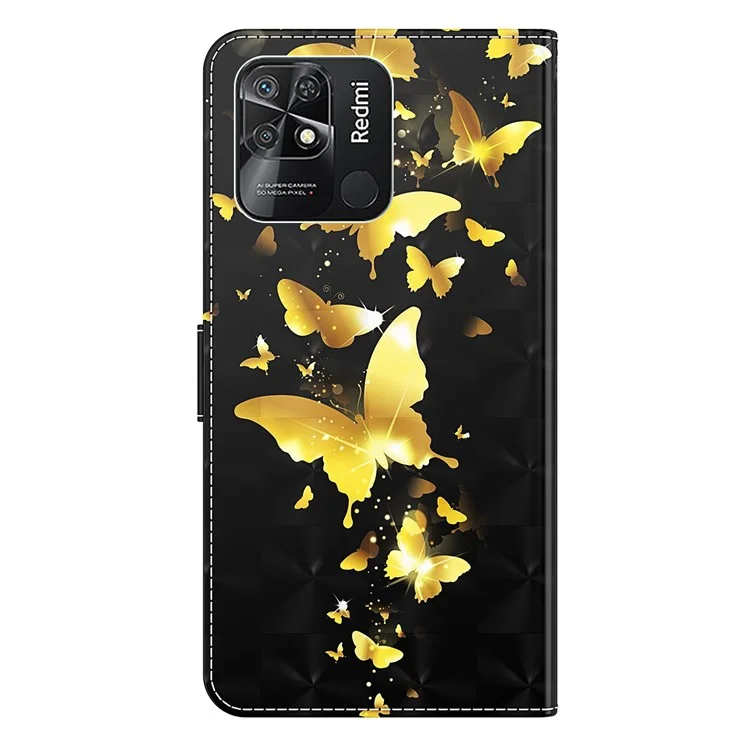 Für Xiaomi Redmi 10C 4G PU-Leder-Folio-Cover-Ständer-Feature 3D-kreatives Musterdrucken Geldbörse-Flip-Case mit Handgelenkband - Golden Butterflies