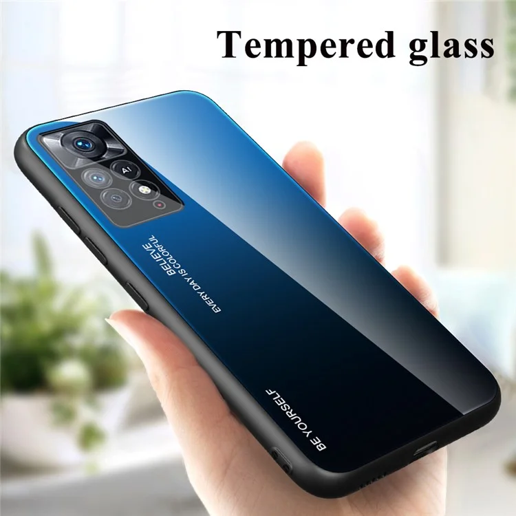 Pour Xiaomi Redmi Note 12 Pro 4G / 11 Pro 4G (MediaTek) / Note 11 Pro 5G (Qualcomm) Gradient Color Anti-scratch Tempered Glass Back + Soft TPU Edge Phone Case Shell - Bleu / Noir