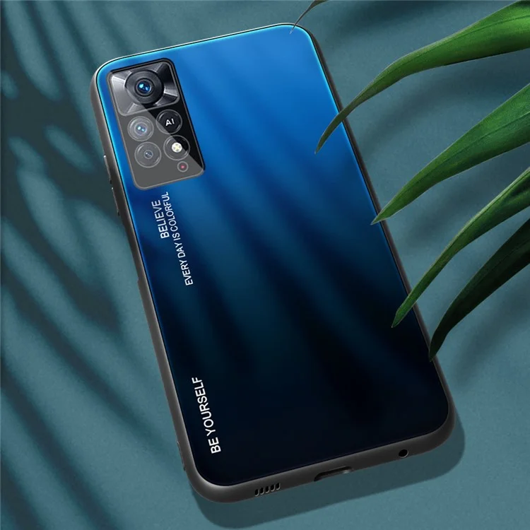Pour Xiaomi Redmi Note 12 Pro 4G / 11 Pro 4G (MediaTek) / Note 11 Pro 5G (Qualcomm) Gradient Color Anti-scratch Tempered Glass Back + Soft TPU Edge Phone Case Shell - Bleu / Noir