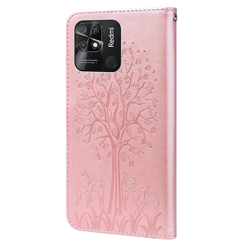 Para Xiaomi Redmi 10c 4g Caso Celular Estojo Impressão de Veado Padrão de Árvore de Veado Carteira pu PU Covernamento Magnético - Rosa