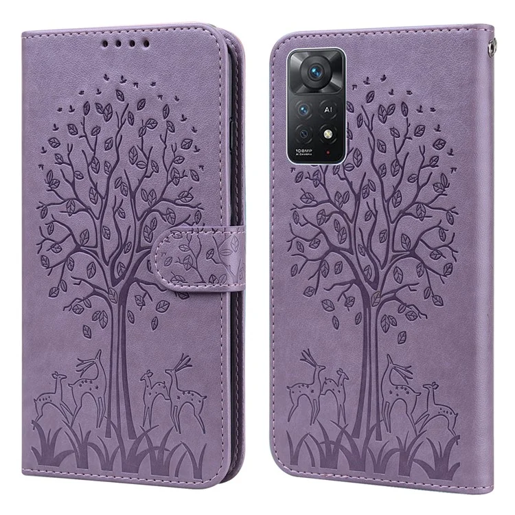 Für Xiaomi Redmi-Anmerkung 11 4g (Qualcomm) / Redmi-Anmerkung 11s 4g Stilvoller Gedruckter Hirsch-Baum-Muster-Stand-Wallet PU-Leder + TPU-Doppelschutz Magnetabdeckung - Lila