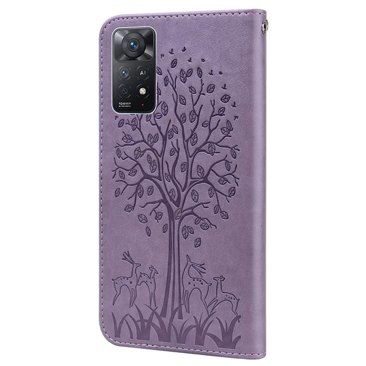 Für Xiaomi Redmi-Anmerkung 11 4g (Qualcomm) / Redmi-Anmerkung 11s 4g Stilvoller Gedruckter Hirsch-Baum-Muster-Stand-Wallet PU-Leder + TPU-Doppelschutz Magnetabdeckung - Lila