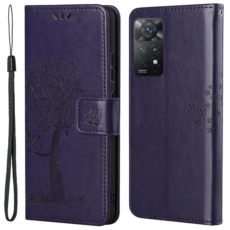 For Xiaomi Redmi Note 12 Pro 4G / 11 Pro 4G (MediaTek) / Note 11 Pro 5G (Qualcomm) Owl Tree Pattern Imprinted Phone Case PU Leather Wallet Stand Cover - Dark Purple