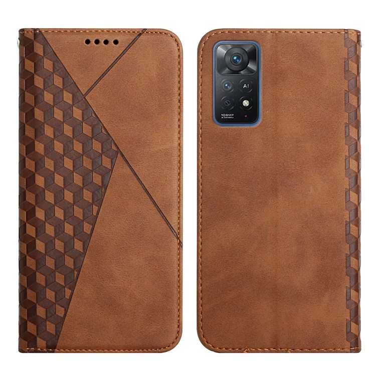 For Xiaomi Redmi Note 12 Pro 4G / 11 Pro 4G (MediaTek) / Note 11 Pro 5G (Qualcomm) Rhombus Pattern Imprinted PU Leather Protective Case Magnetic Absorption Stand Wallet Flip Cover - Brown