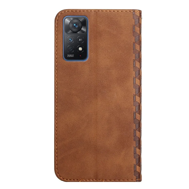 For Xiaomi Redmi Note 12 Pro 4G / 11 Pro 4G (MediaTek) / Note 11 Pro 5G (Qualcomm) Rhombus Pattern Imprinted PU Leather Protective Case Magnetic Absorption Stand Wallet Flip Cover - Brown