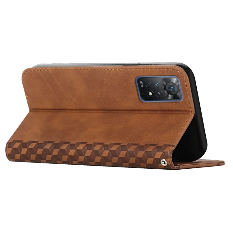 For Xiaomi Redmi Note 12 Pro 4G / 11 Pro 4G (MediaTek) / Note 11 Pro 5G (Qualcomm) Rhombus Pattern Imprinted PU Leather Protective Case Magnetic Absorption Stand Wallet Flip Cover - Brown